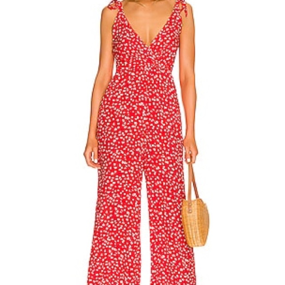 Maaji Red Floral Wide Leg Jumpsuit Open Back Tie Strap Women’s Small